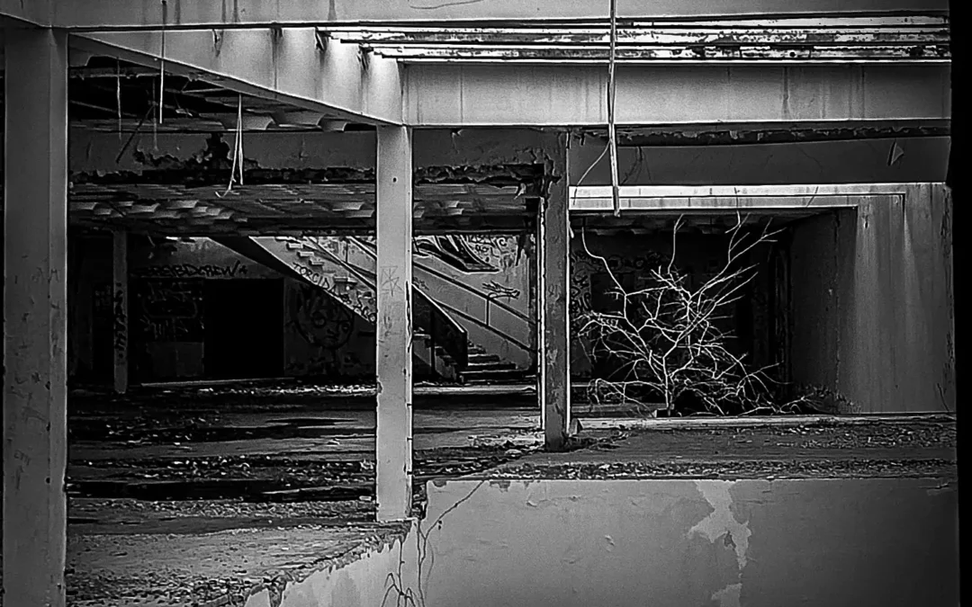 a black and white photo of an abandoned building