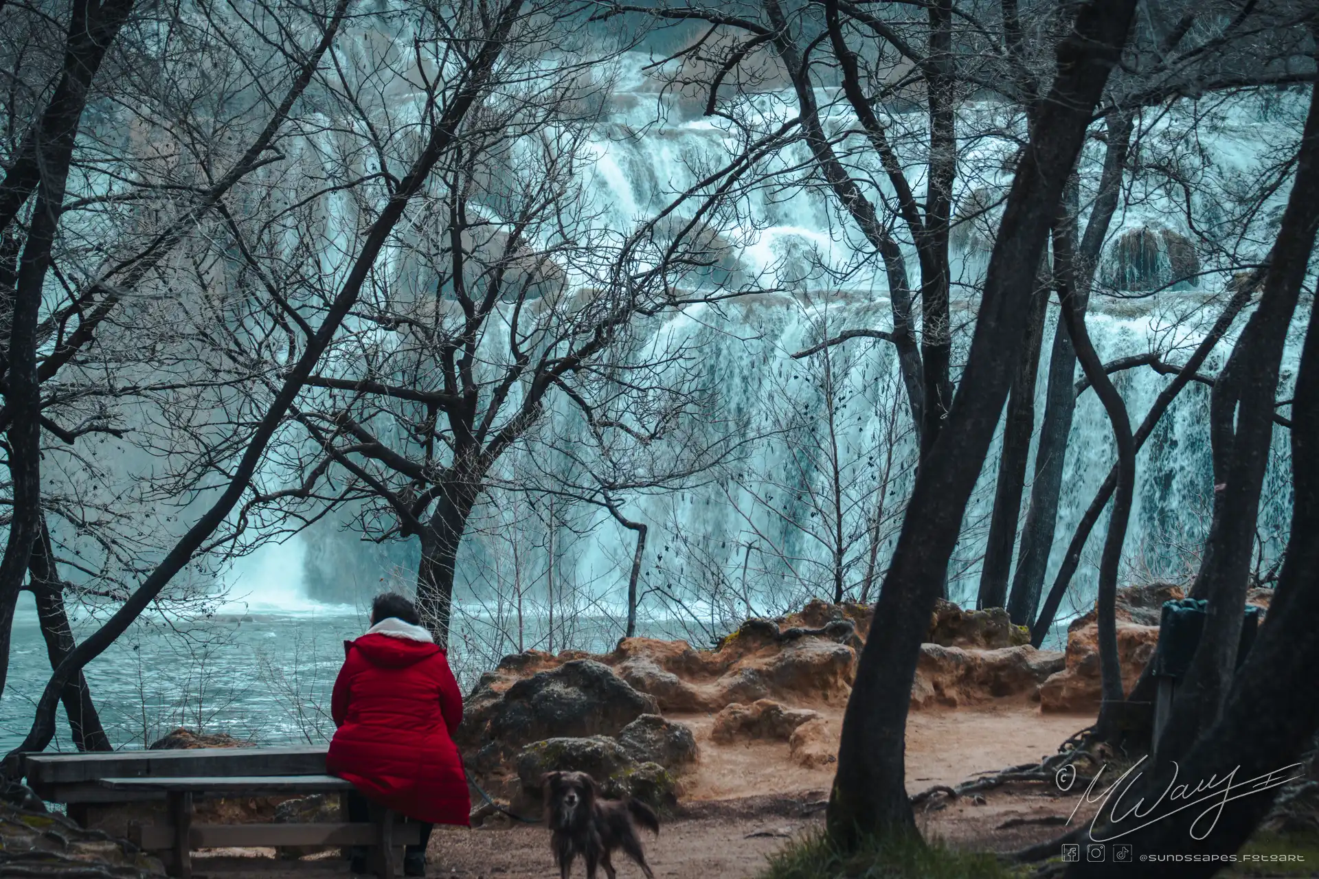 a woman and dog sitting on a bench by a waterfall