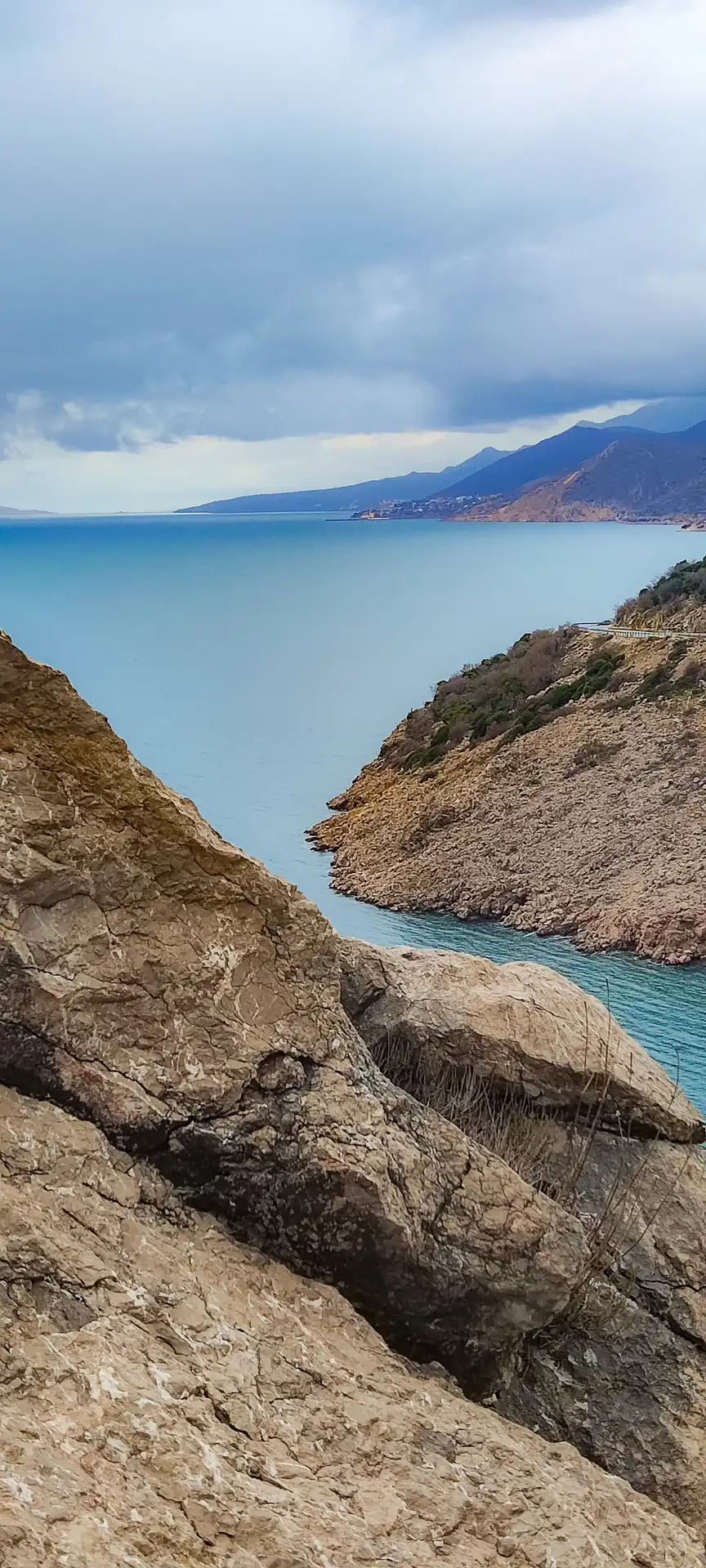 a rocky shore with a body of water and mountains in the background