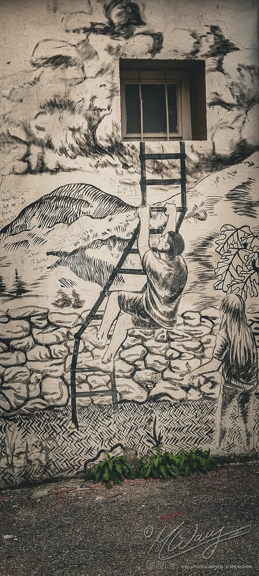 a drawing of a man climbing a ladder